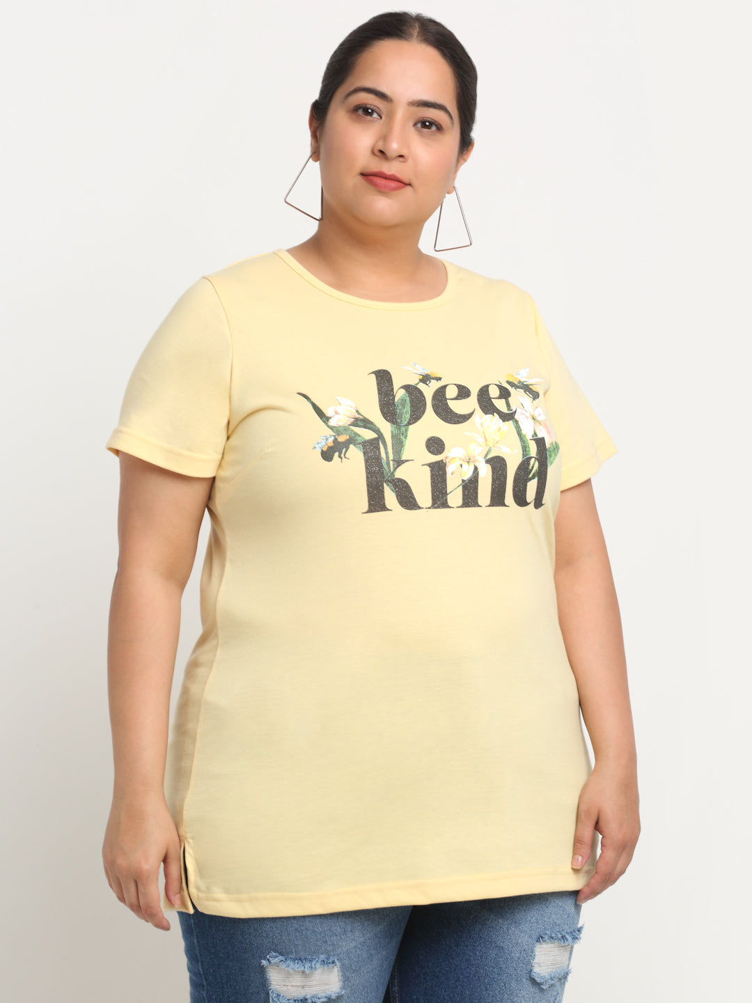 Plus Size Typography Printed Cotton T-shirt
