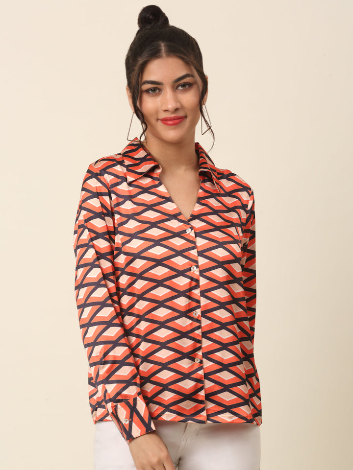 plusS Coral Geometric Printed Spread Collar Casual Shirt