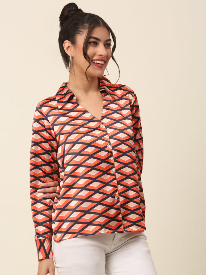 plusS Coral Geometric Printed Spread Collar Casual Shirt