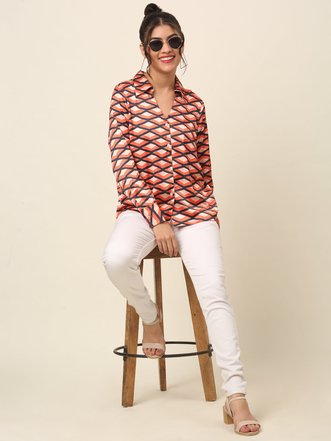 plusS Coral Geometric Printed Spread Collar Casual Shirt