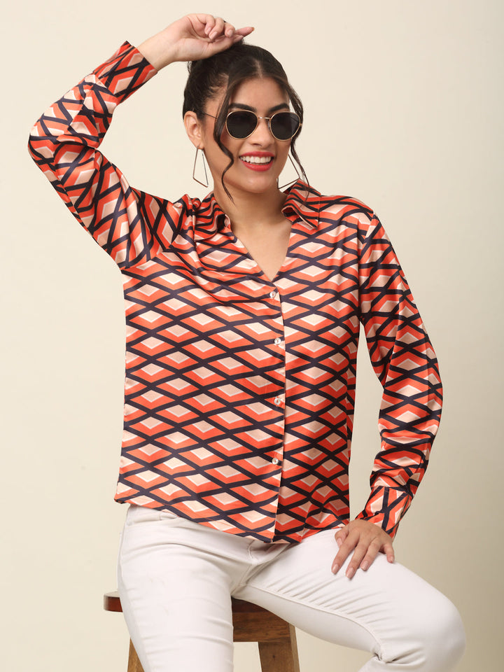 plusS Coral Geometric Printed Spread Collar Casual Shirt