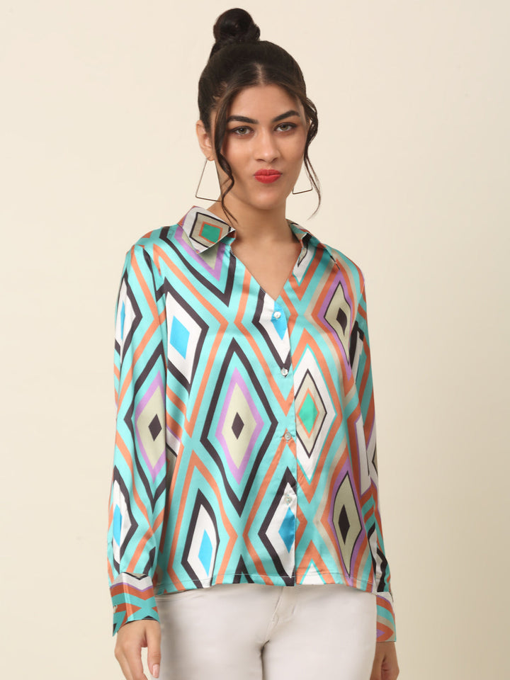 plusS Blue Geometric Printed Casual Shirt