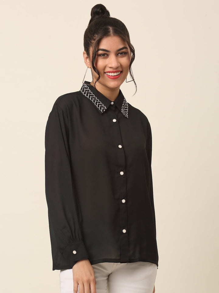 plusS Black Spread Collar Casual Shirt