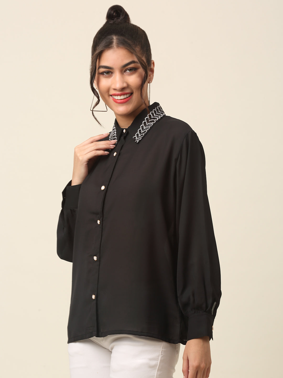 plusS Black Spread Collar Casual Shirt