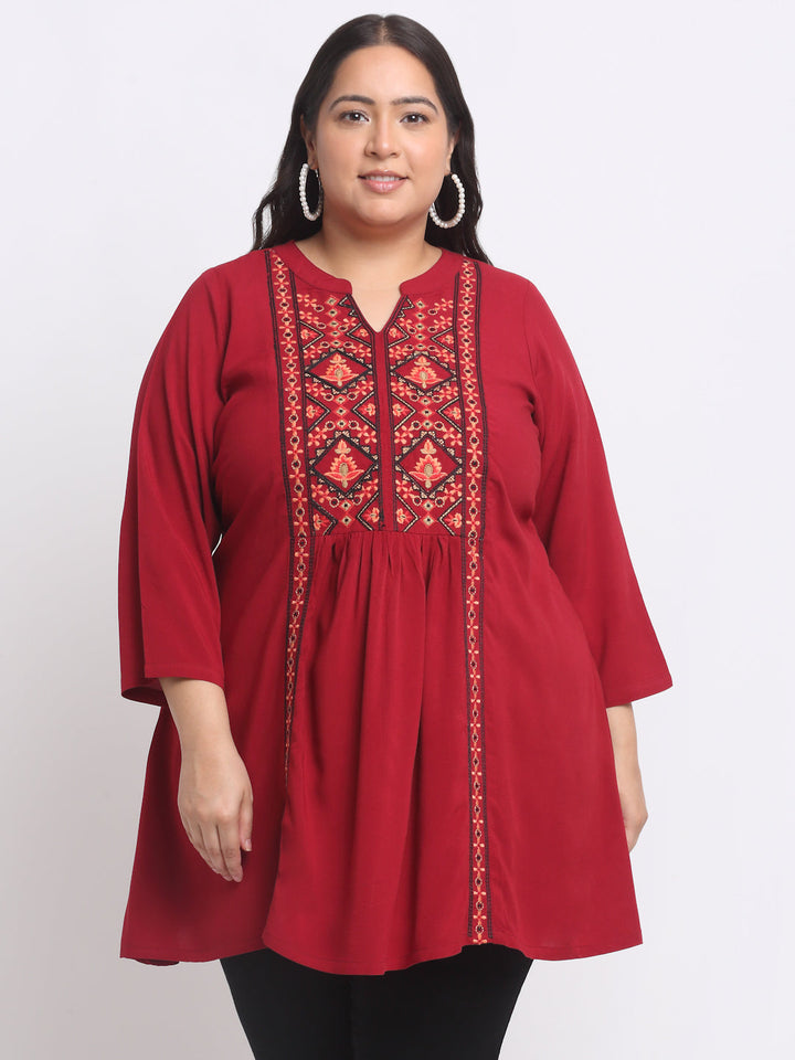 Plus Size Ethnic Motifs Embroidered Top