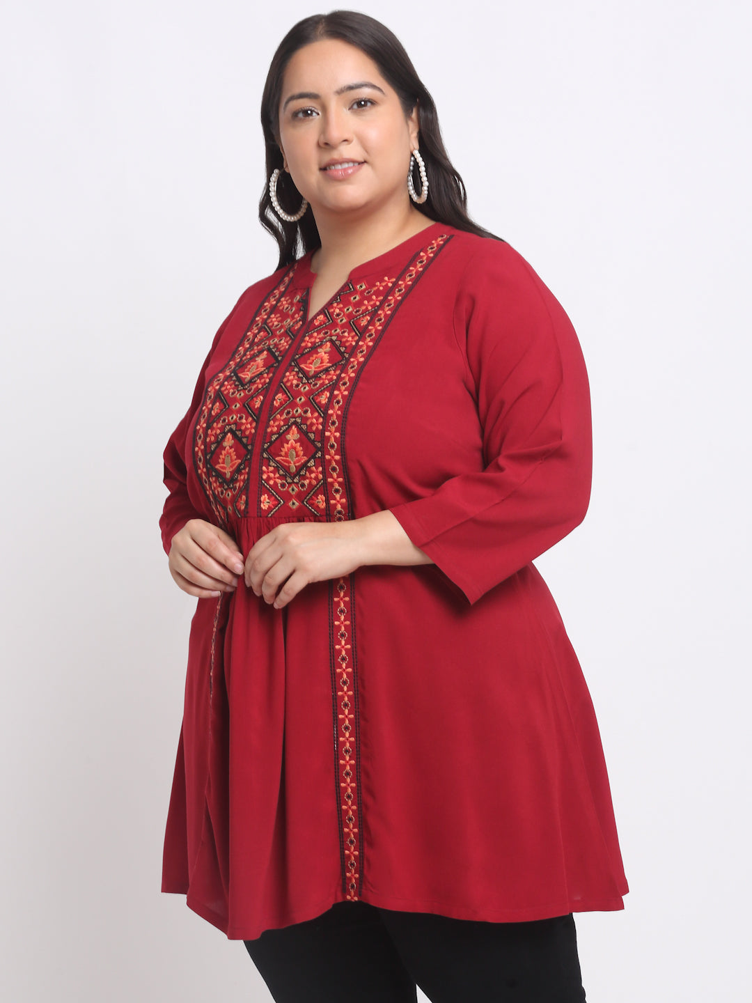 Plus Size Ethnic Motifs Embroidered Top