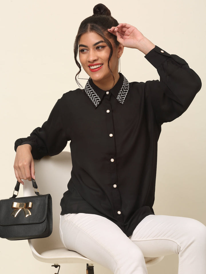 plusS Black Spread Collar Casual Shirt