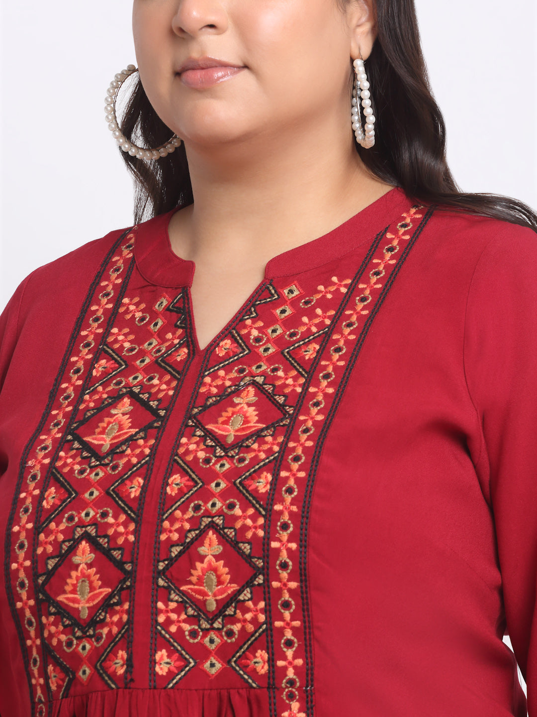 Plus Size Ethnic Motifs Embroidered Top