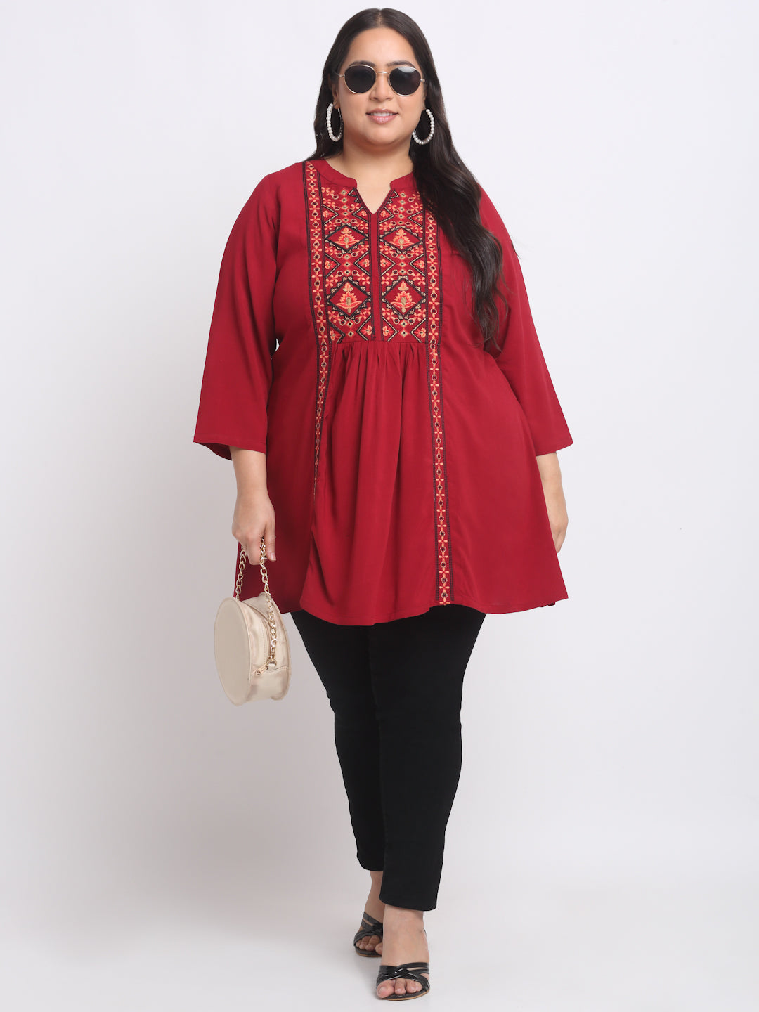 Plus Size Ethnic Motifs Embroidered Top