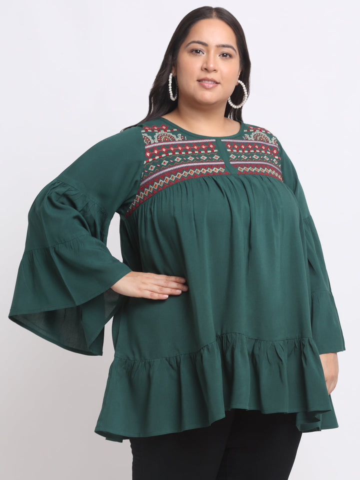 Plus Size Ethnic Motif Embrodered Bell Sleeve Top