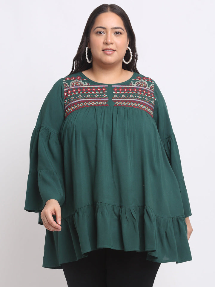 Plus Size Ethnic Motif Embrodered Bell Sleeve Top