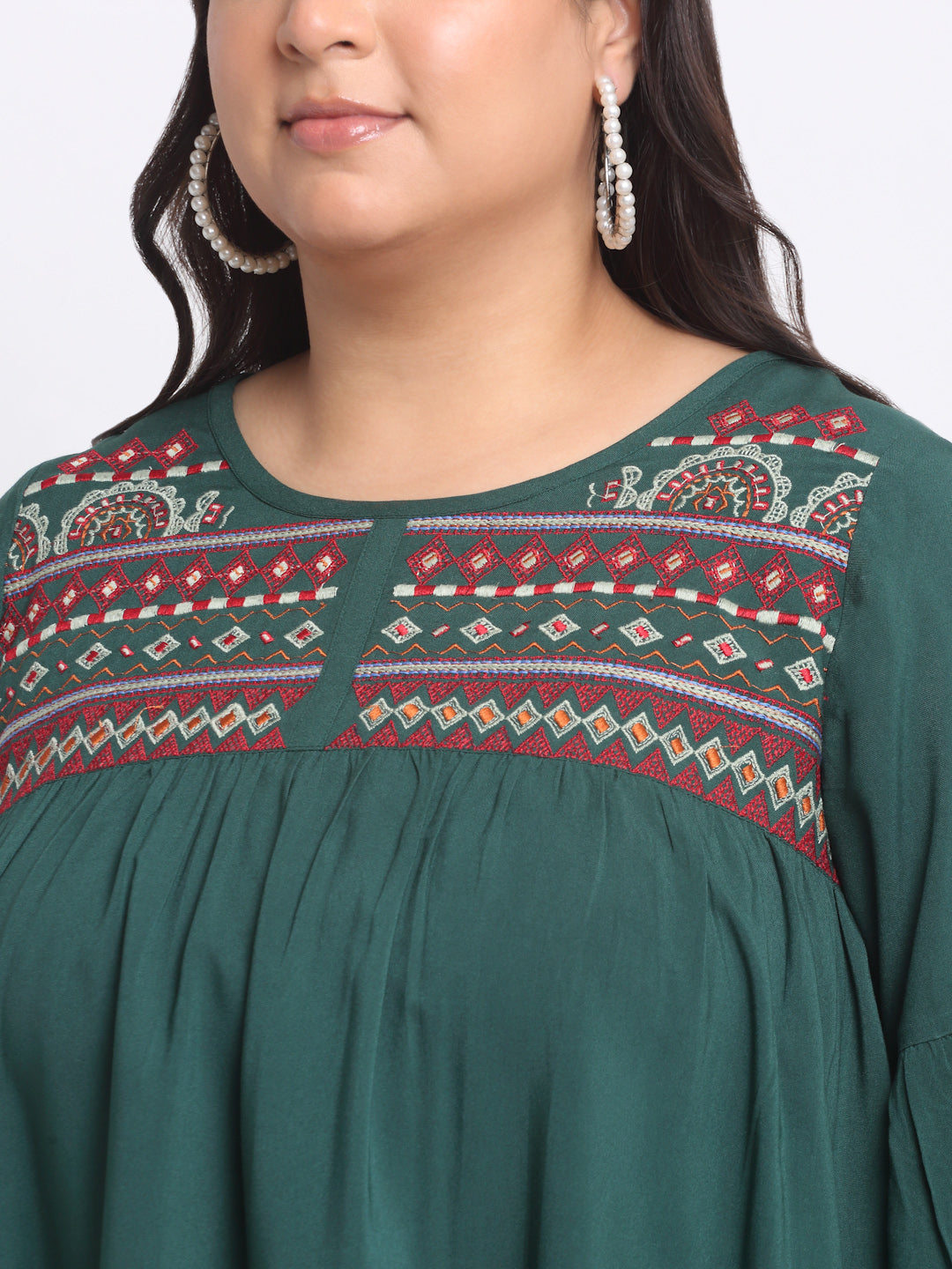 Plus Size Ethnic Motif Embrodered Bell Sleeve Top