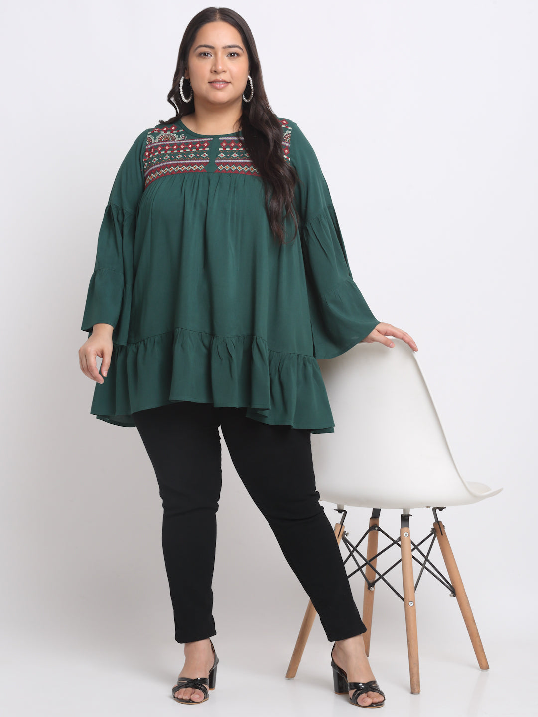 Plus Size Ethnic Motif Embrodered Bell Sleeve Top