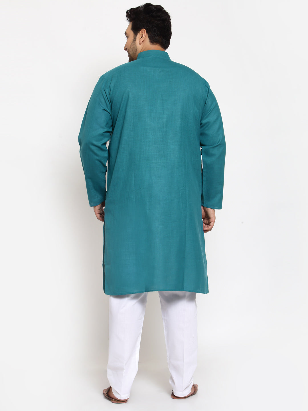 plusS Men Teal  White Angrakha Pure Cotton Kurta with Pyjamas