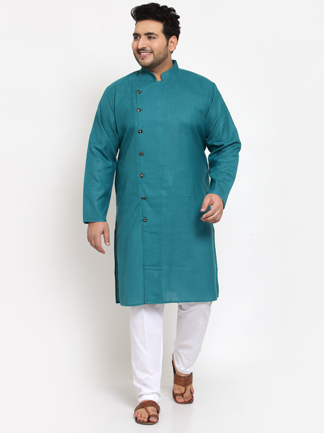 plusS Men Teal  White Angrakha Pure Cotton Kurta with Pyjamas