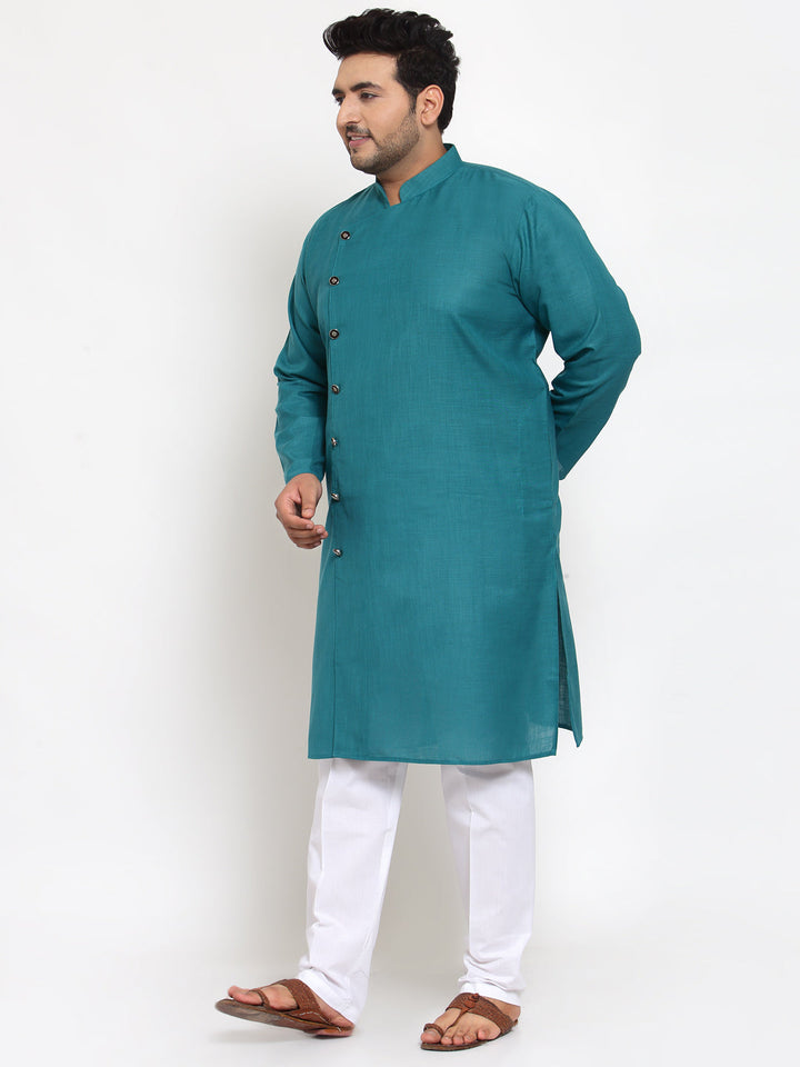 plusS Men Teal  White Angrakha Pure Cotton Kurta with Pyjamas