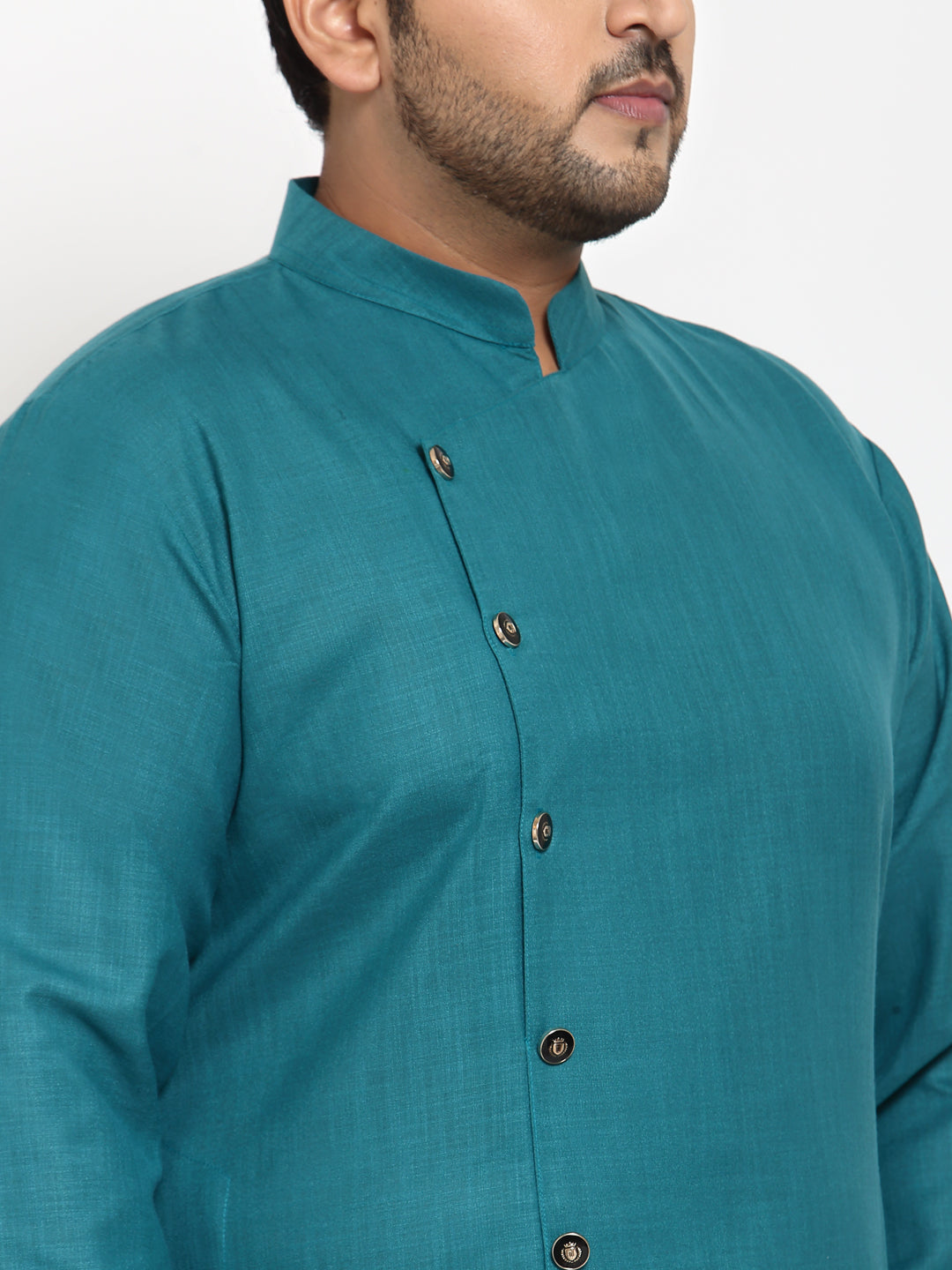 plusS Men Teal  White Angrakha Pure Cotton Kurta with Pyjamas