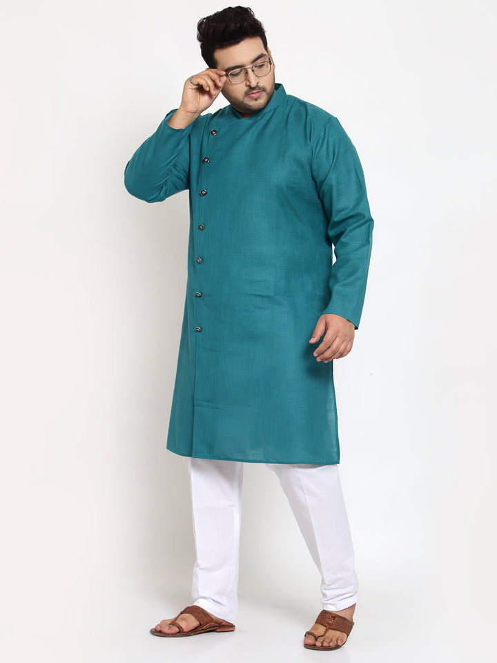 plusS Men Teal  White Angrakha Pure Cotton Kurta with Pyjamas