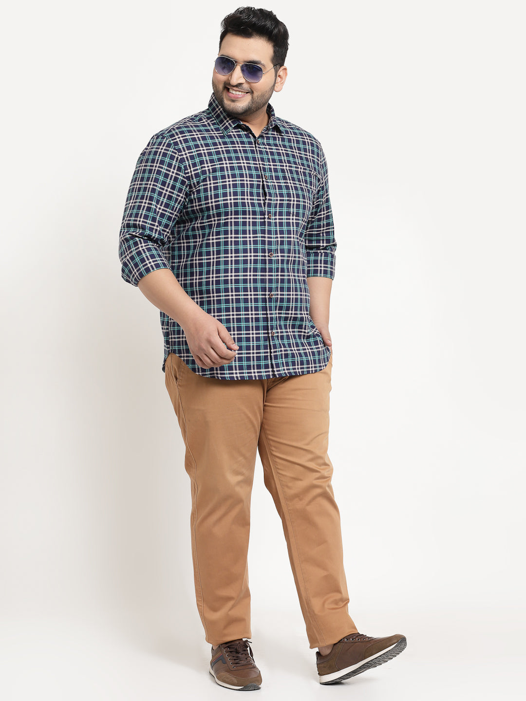 Men Plus Size Blue & White Checked Cotton Casual Shirt