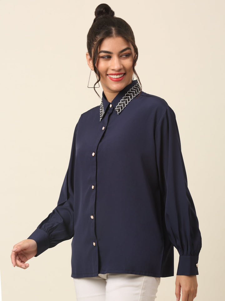 plusS Navy Blue Spread Collar Casual Shirt