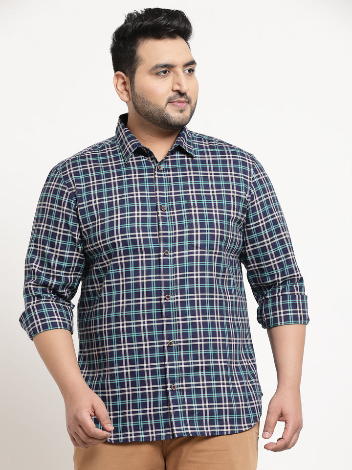 Men Plus Size Blue & White Checked Cotton Casual Shirt