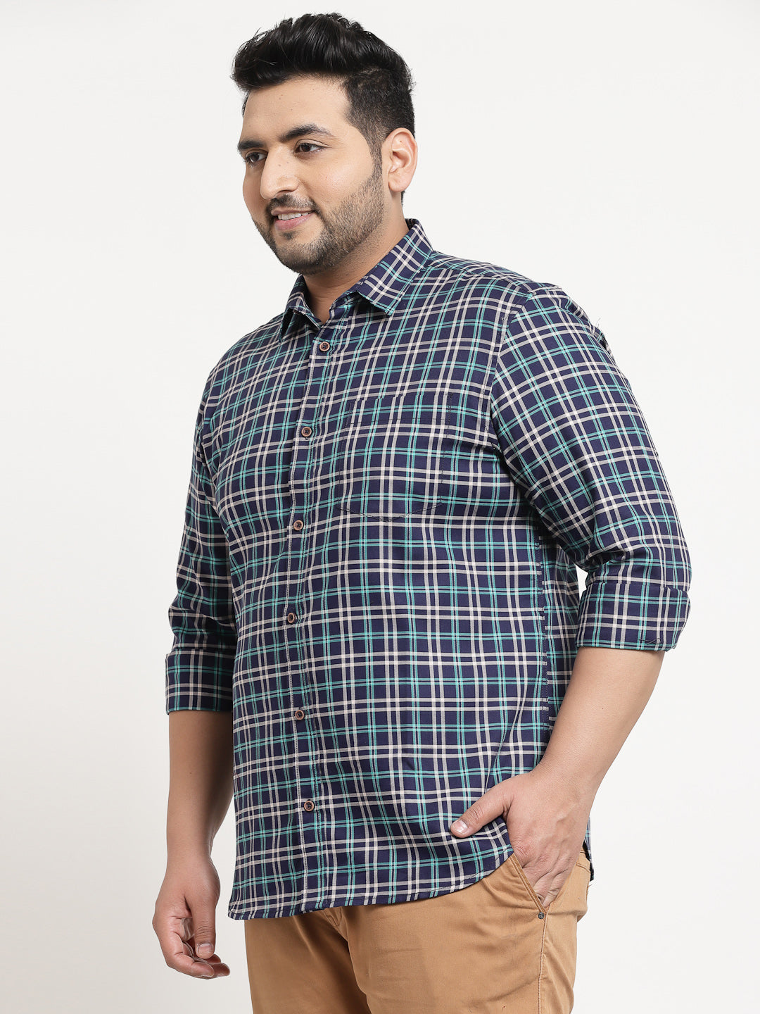 Men Plus Size Blue & White Checked Cotton Casual Shirt