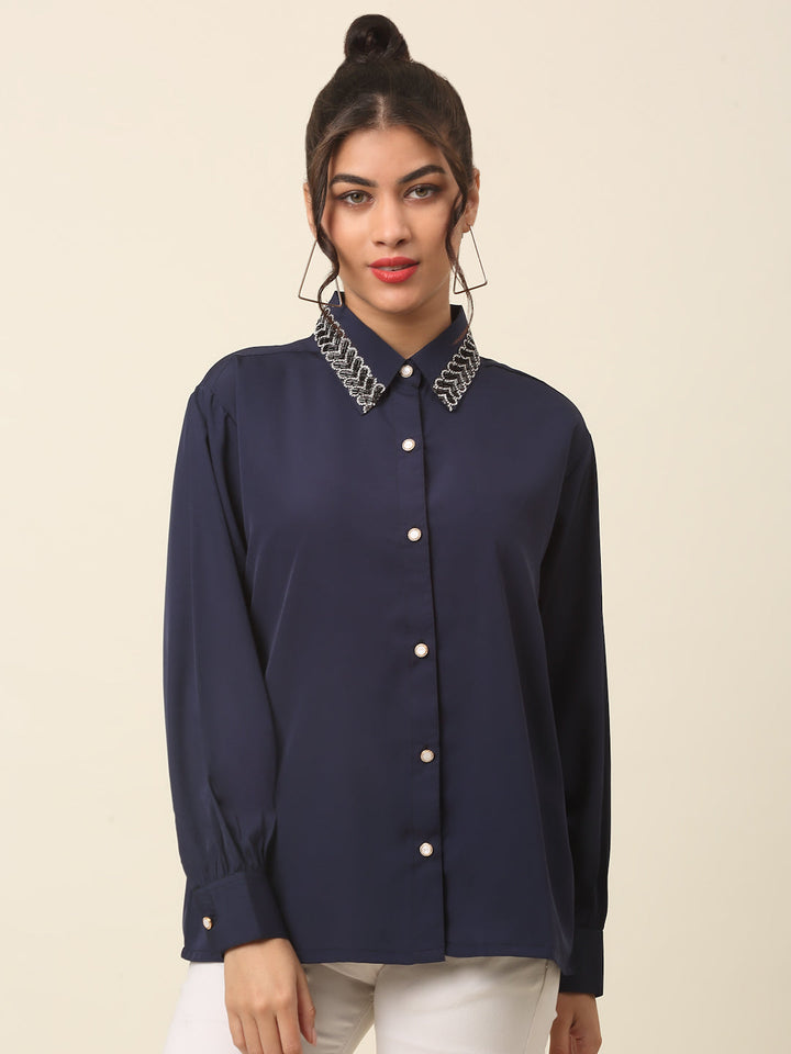 plusS Navy Blue Spread Collar Casual Shirt