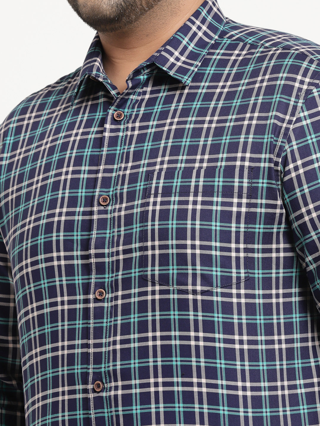 Men Plus Size Blue & White Checked Cotton Casual Shirt