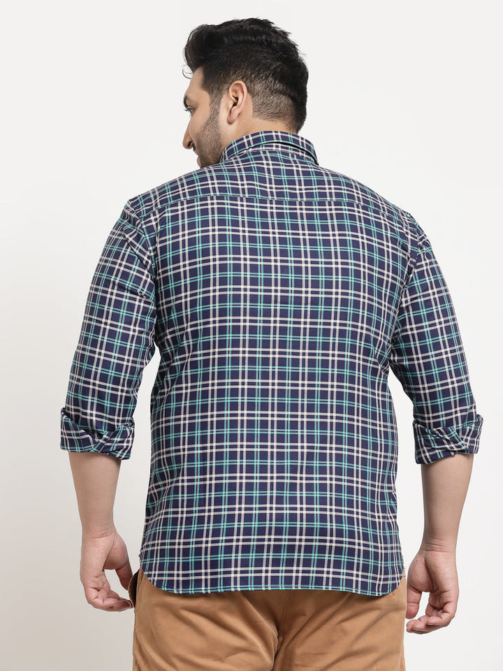 Men Plus Size Blue & White Checked Cotton Casual Shirt