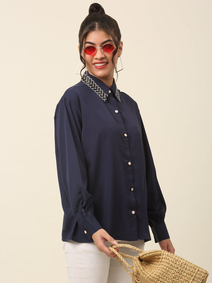 plusS Navy Blue Spread Collar Casual Shirt