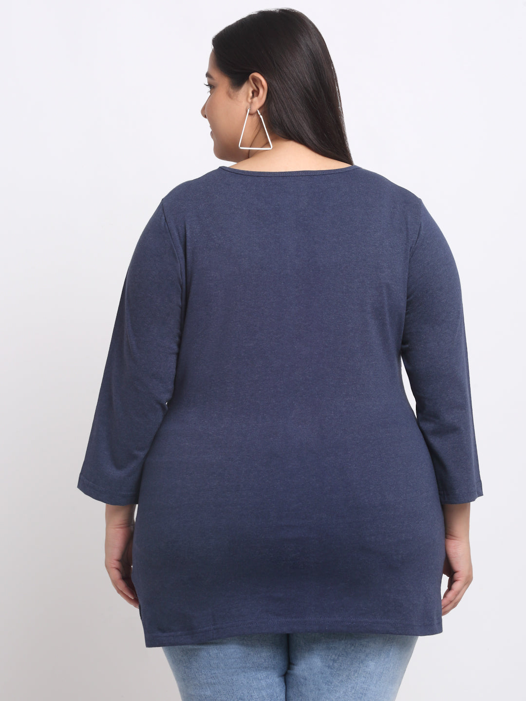 Plus Size Navy Blue Full Sleeve Longline Cotton T-shirt