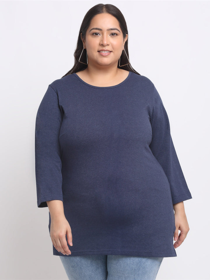 Plus Size Navy Blue Full Sleeve Longline Cotton T-shirt