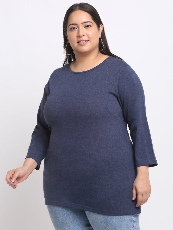 Plus Size Navy Blue Full Sleeve Longline Cotton T-shirt