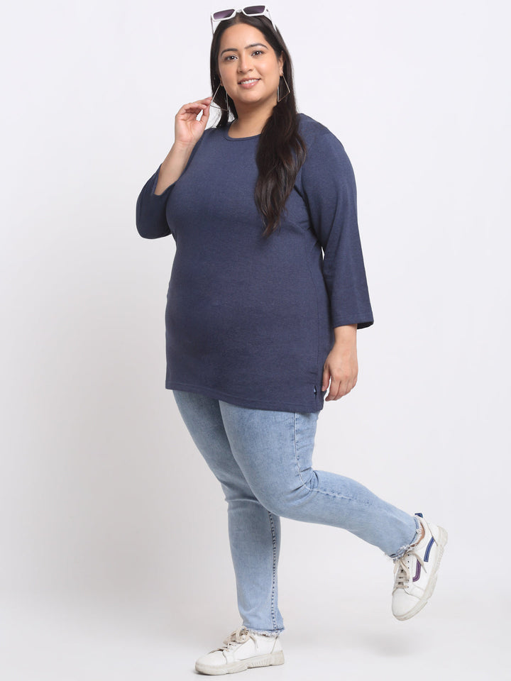 Plus Size Navy Blue Full Sleeve Longline Cotton T-shirt