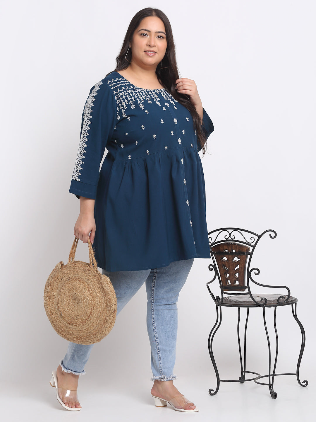 Plus Sise Ethnic Motifs Printed Longline Top