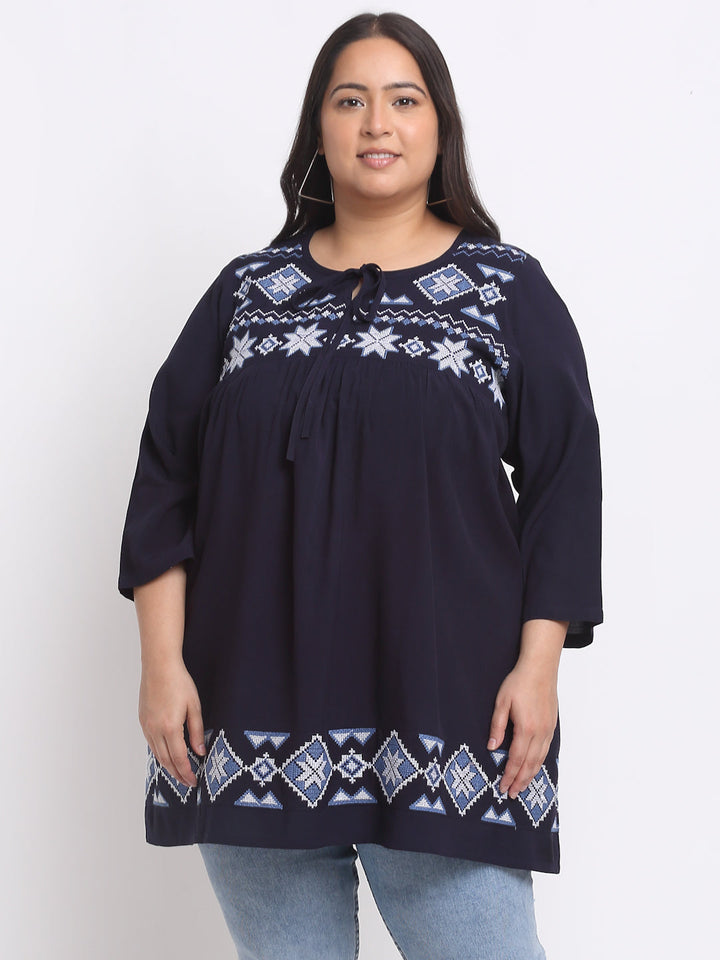 Plus Size Geometric Embroidered Keyhole Neck Top