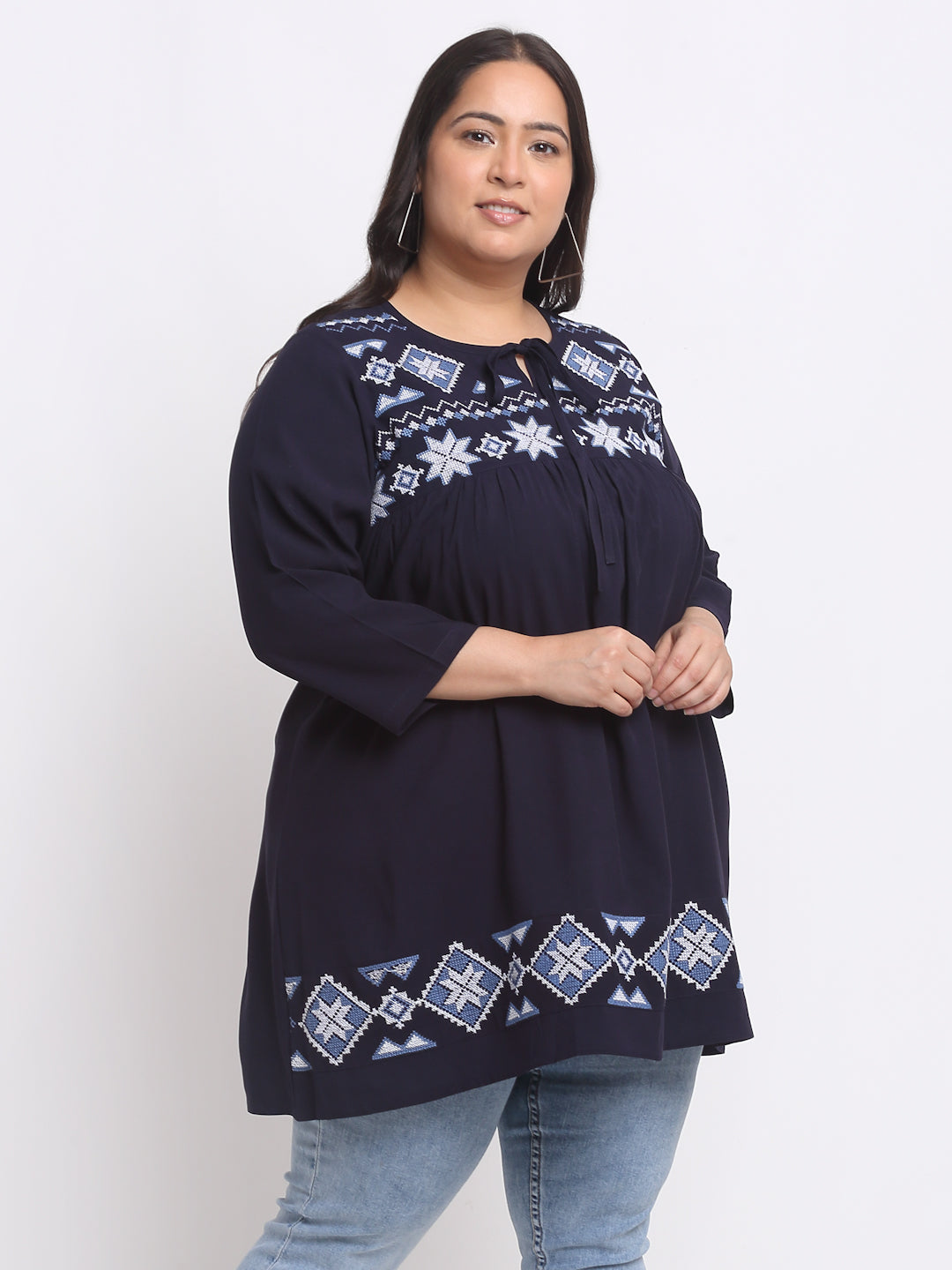 Plus Size Geometric Embroidered Keyhole Neck Top