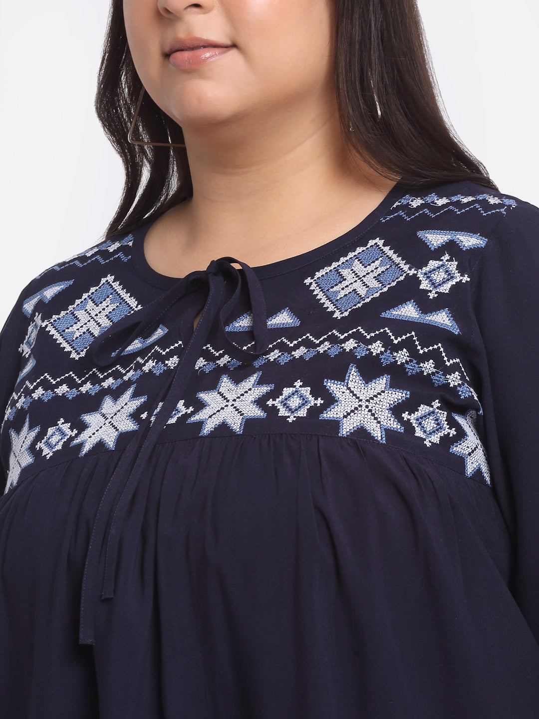 Plus Size Geometric Embroidered Keyhole Neck Top