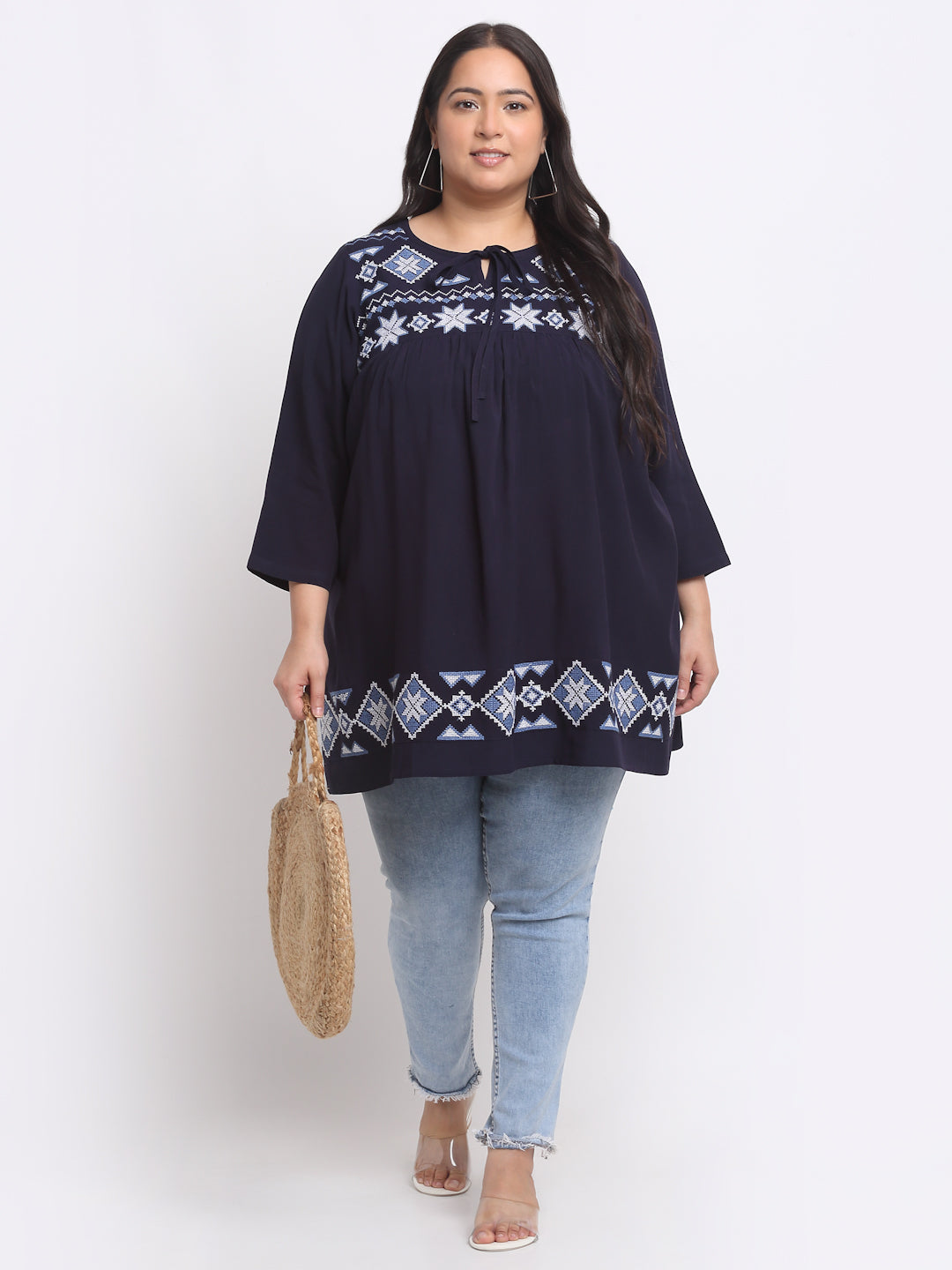 Plus Size Geometric Embroidered Keyhole Neck Top