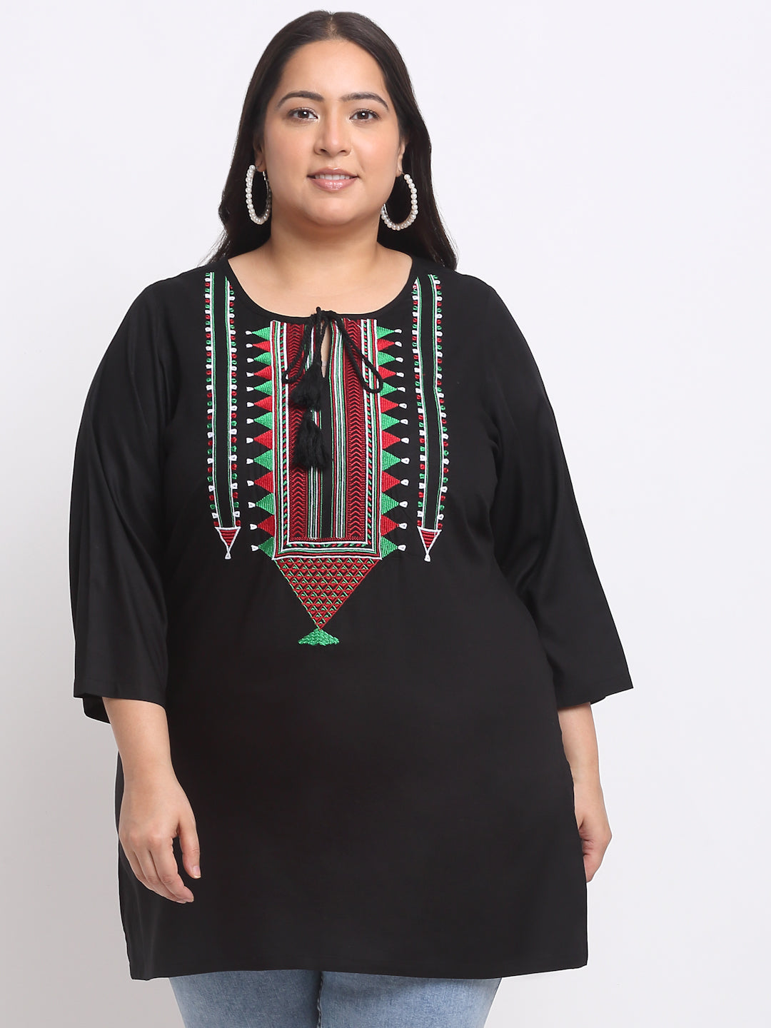 Plus Size Geometric Embroidered Keyhole Neck Top