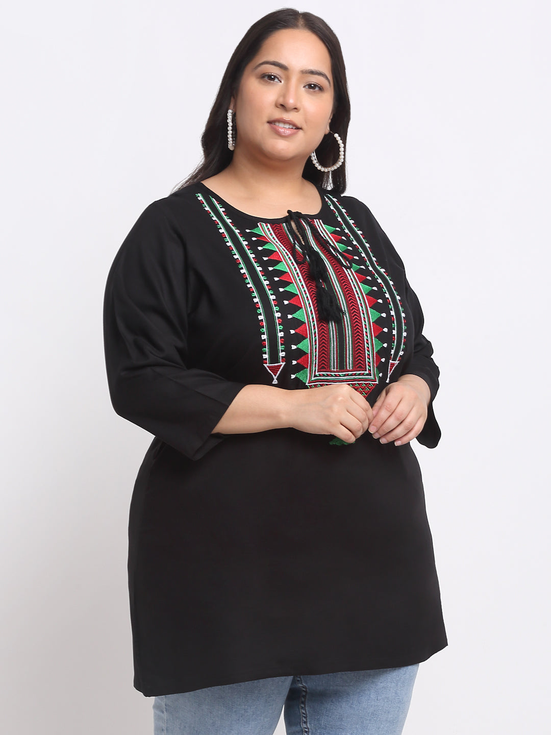 Plus Size Geometric Embroidered Keyhole Neck Top