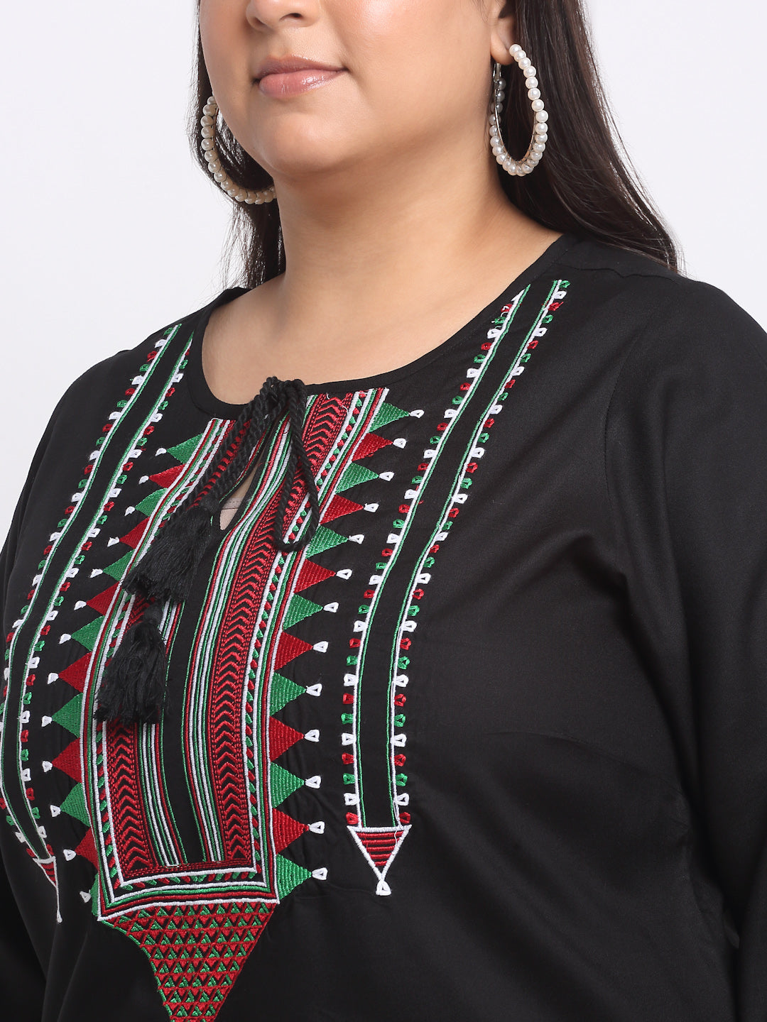 Plus Size Geometric Embroidered Keyhole Neck Top