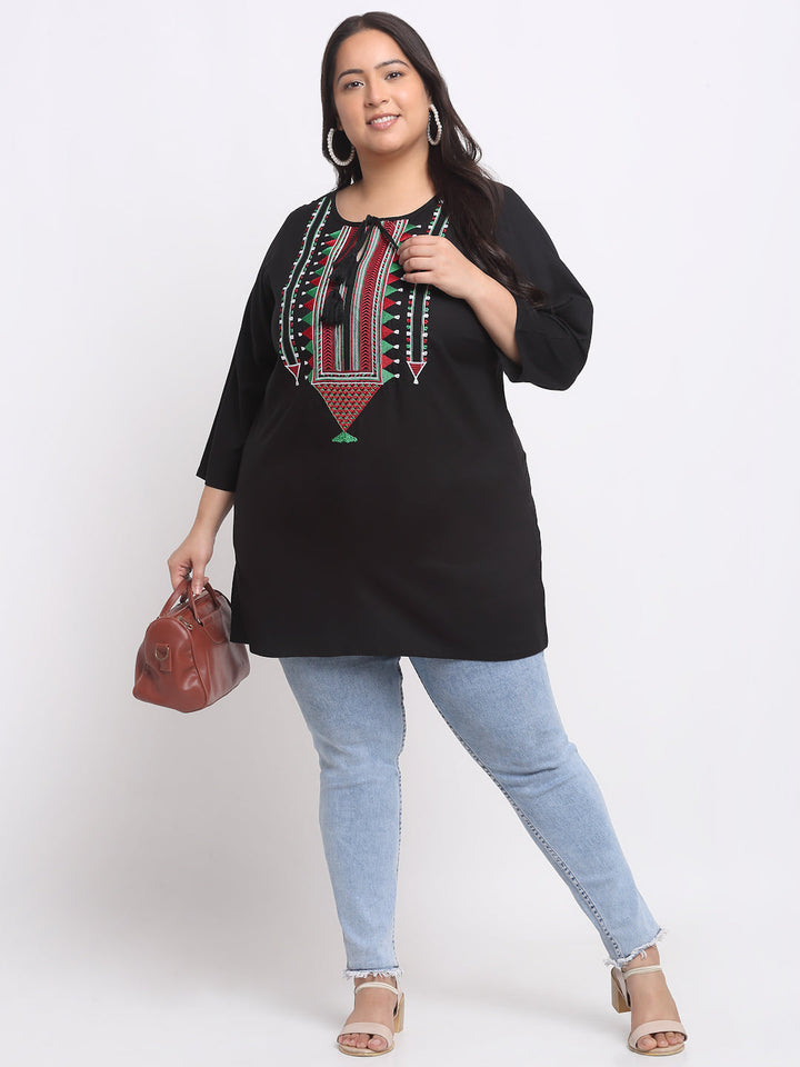 Plus Size Geometric Embroidered Keyhole Neck Top