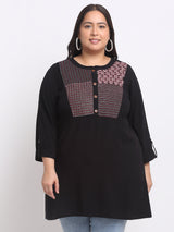 Plus Size Geometric Embroidered Roll-Up Sleeves Longline Top