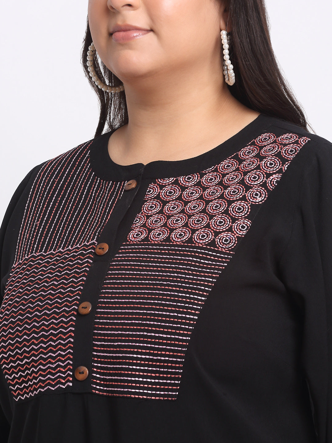 Plus Size Geometric Embroidered Roll-Up Sleeves Longline Top