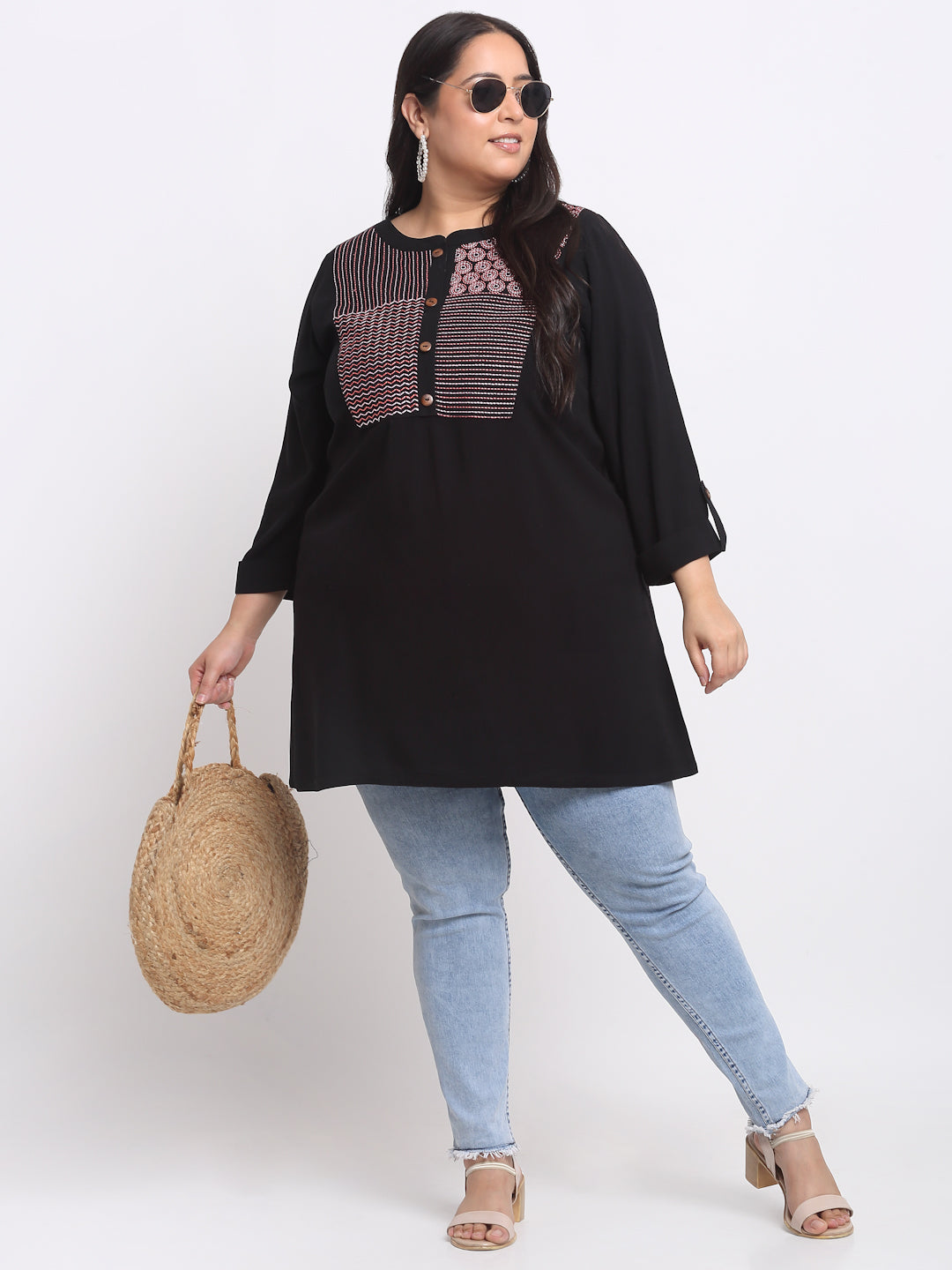 Plus Size Geometric Embroidered Roll-Up Sleeves Longline Top