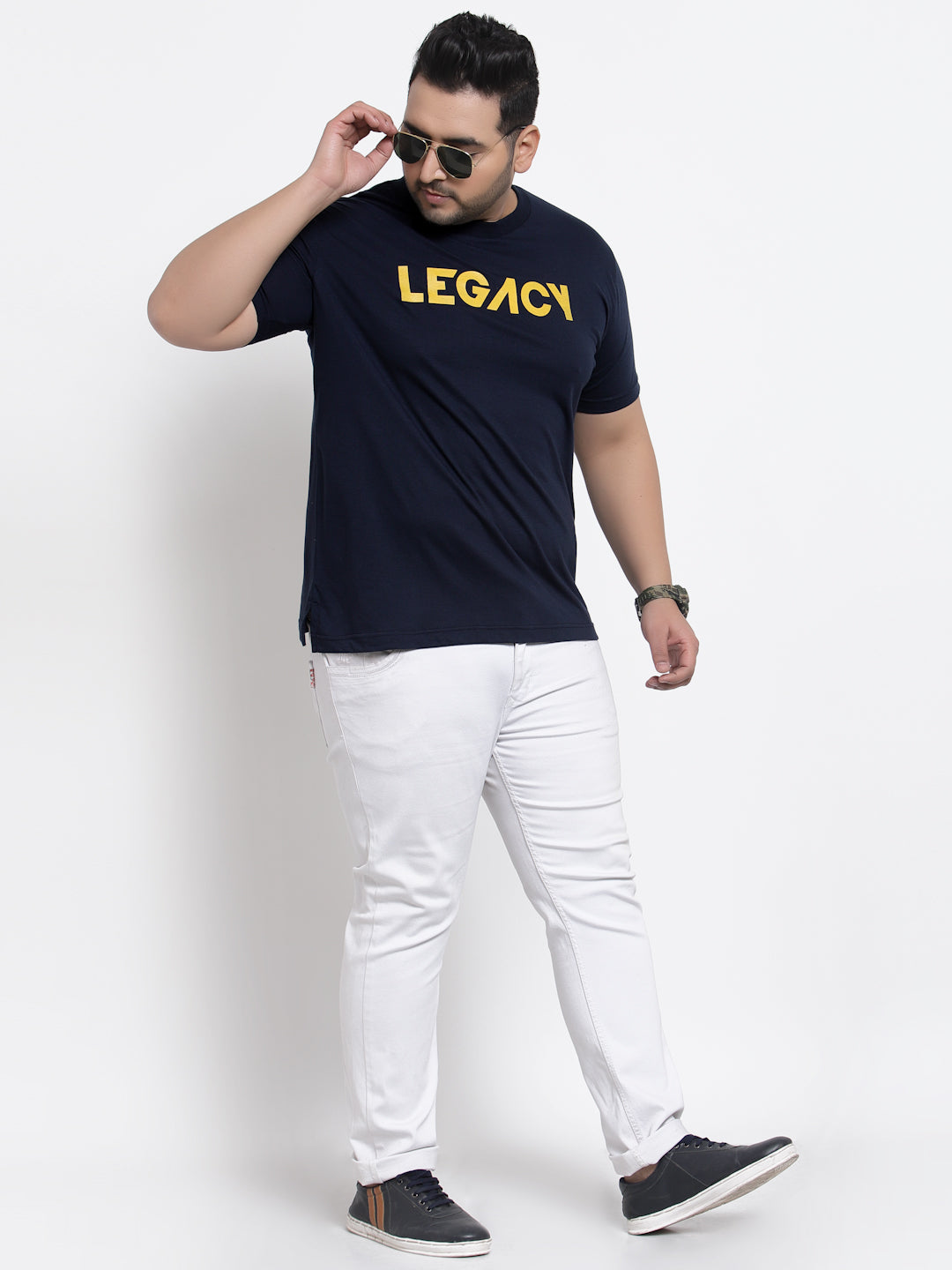 Men Plus Size Navy Blue & Yellow Typography Printed Cotton T-shirt