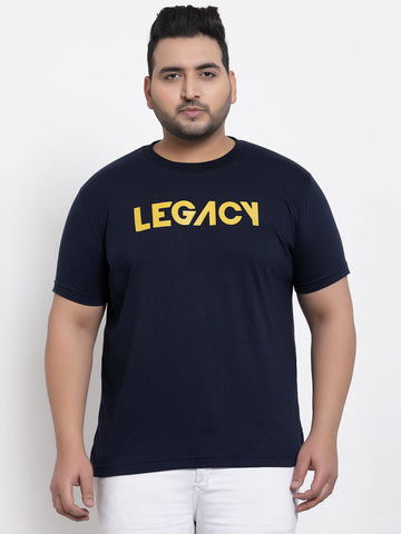 Men Plus Size Navy Blue & Yellow Typography Printed Cotton T-shirt