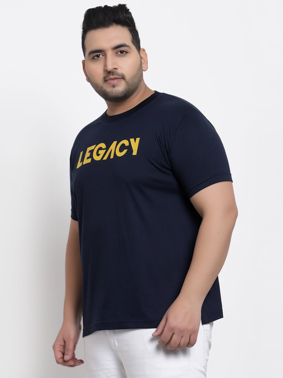 Men Plus Size Navy Blue & Yellow Typography Printed Cotton T-shirt