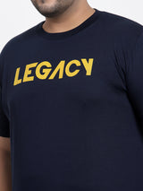 Men Plus Size Navy Blue & Yellow Typography Printed Cotton T-shirt